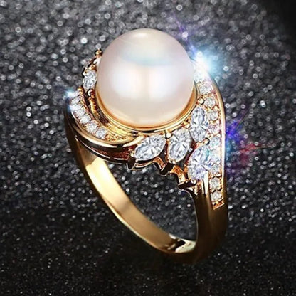 Gold Womens Girls Band Ring for Wedding Promise Engagement Copper Cubic Zirconia Freshwater Cultured Pearl Ring Size 5 - 12 - WORLD TIME VISITS