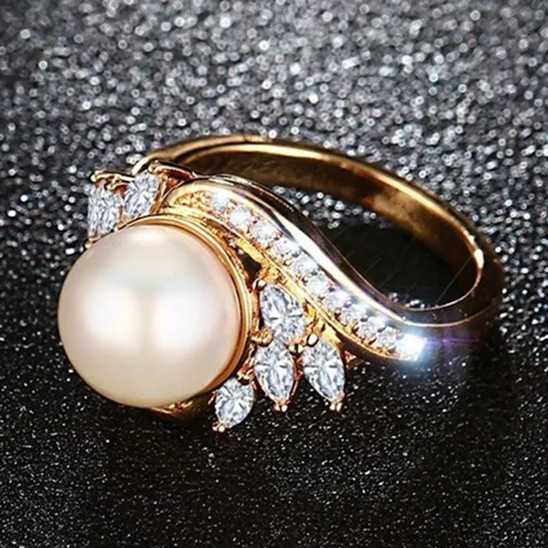 Gold Womens Girls Band Ring for Wedding Promise Engagement Copper Cubic Zirconia Freshwater Cultured Pearl Ring Size 5 - 12 - WORLD TIME VISITS