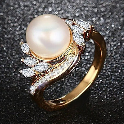 Gold Womens Girls Band Ring for Wedding Promise Engagement Copper Cubic Zirconia Freshwater Cultured Pearl Ring Size 5 - 12 - WORLD TIME VISITS