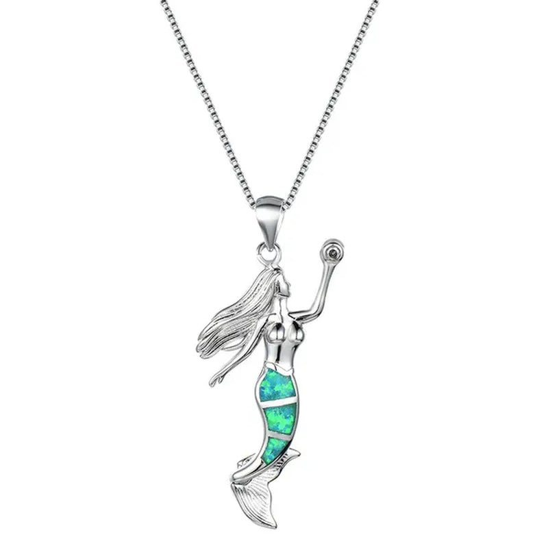 Heat! New Fashion Mermaid Fire Opal 925 Silver Pendant Necklace Bridal Personality Glamour Wedding Jewelry 5 colors - WORLD TIME VISITS