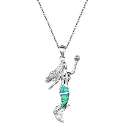 Heat! New Fashion Mermaid Fire Opal 925 Silver Pendant Necklace Bridal Personality Glamour Wedding Jewelry 5 colors - WORLD TIME VISITS