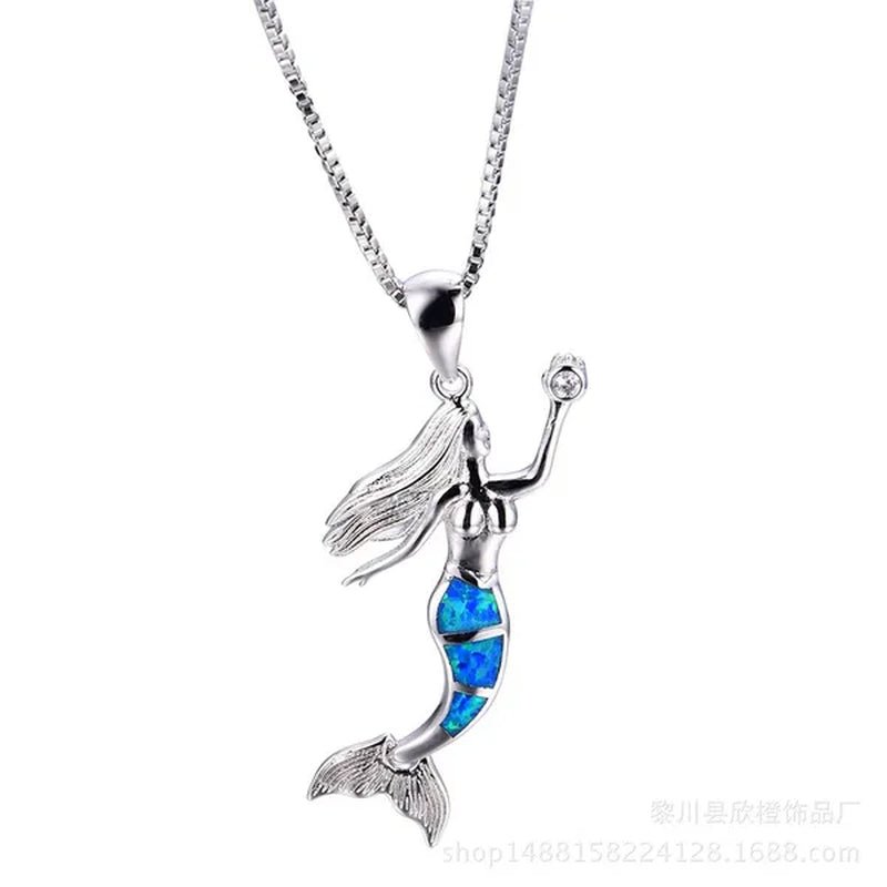 Heat! New Fashion Mermaid Fire Opal 925 Silver Pendant Necklace Bridal Personality Glamour Wedding Jewelry 5 colors - WORLD TIME VISITS