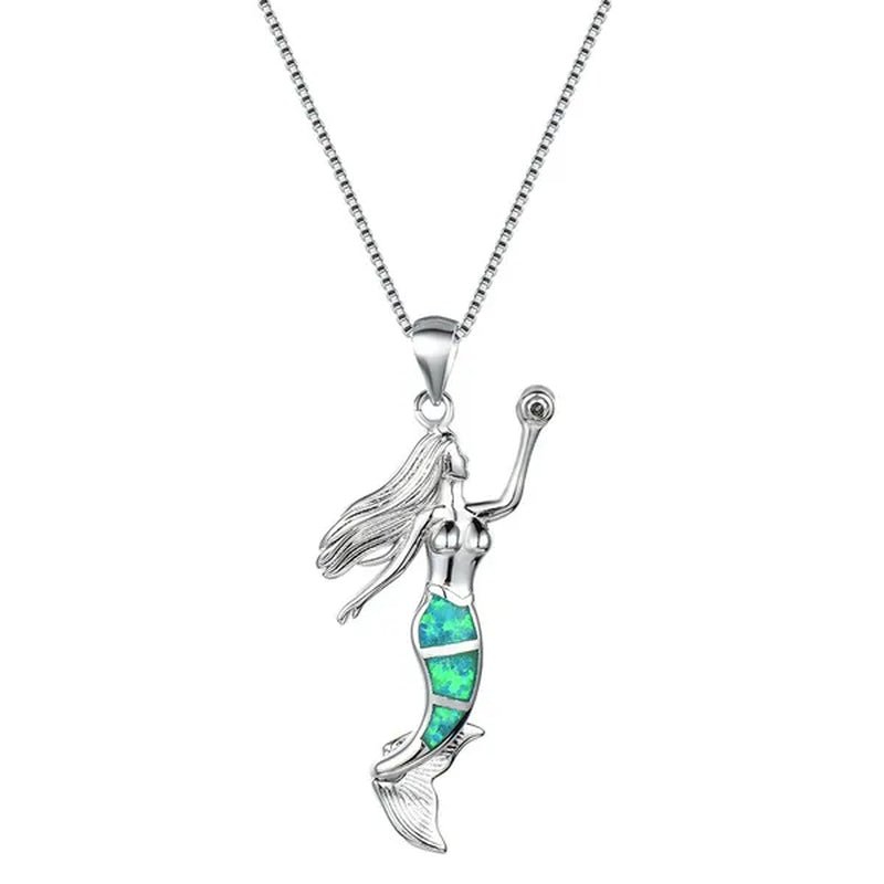 Heat! New Fashion Mermaid Fire Opal 925 Silver Pendant Necklace Bridal Personality Glamour Wedding Jewelry 5 colors - WORLD TIME VISITS