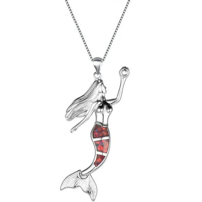 Heat! New Fashion Mermaid Fire Opal 925 Silver Pendant Necklace Bridal Personality Glamour Wedding Jewelry 5 colors - WORLD TIME VISITS