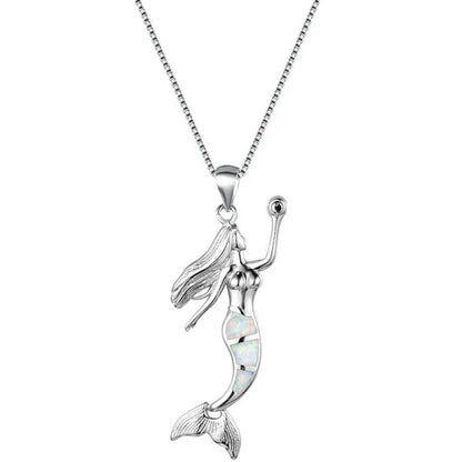 Heat! New Fashion Mermaid Fire Opal 925 Silver Pendant Necklace Bridal Personality Glamour Wedding Jewelry 5 colors - WORLD TIME VISITS