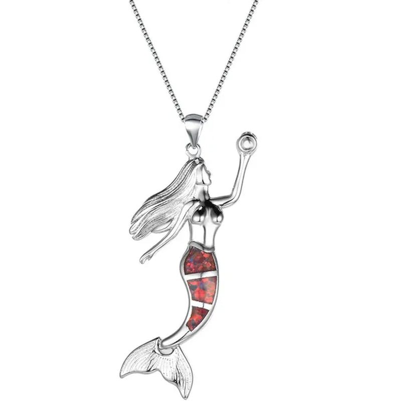 Heat! New Fashion Mermaid Fire Opal 925 Silver Pendant Necklace Bridal Personality Glamour Wedding Jewelry 5 colors - WORLD TIME VISITS