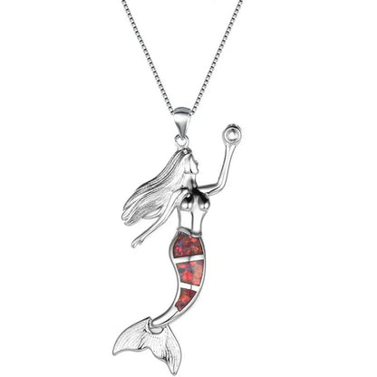 Heat! New Fashion Mermaid Fire Opal 925 Silver Pendant Necklace Bridal Personality Glamour Wedding Jewelry 5 colors - WORLD TIME VISITS