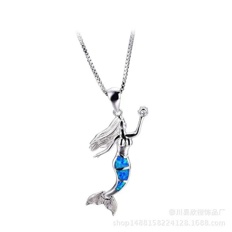 Heat! New Fashion Mermaid Fire Opal 925 Silver Pendant Necklace Bridal Personality Glamour Wedding Jewelry 5 colors - WORLD TIME VISITS