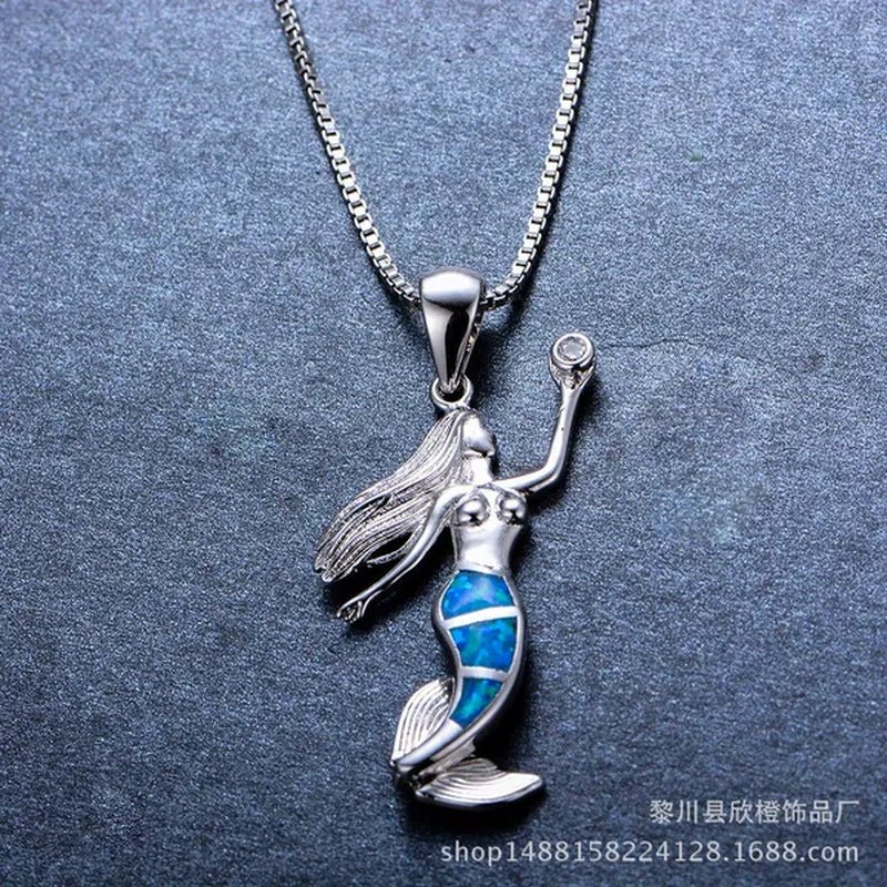 Heat! New Fashion Mermaid Fire Opal 925 Silver Pendant Necklace Bridal Personality Glamour Wedding Jewelry 5 colors - WORLD TIME VISITS