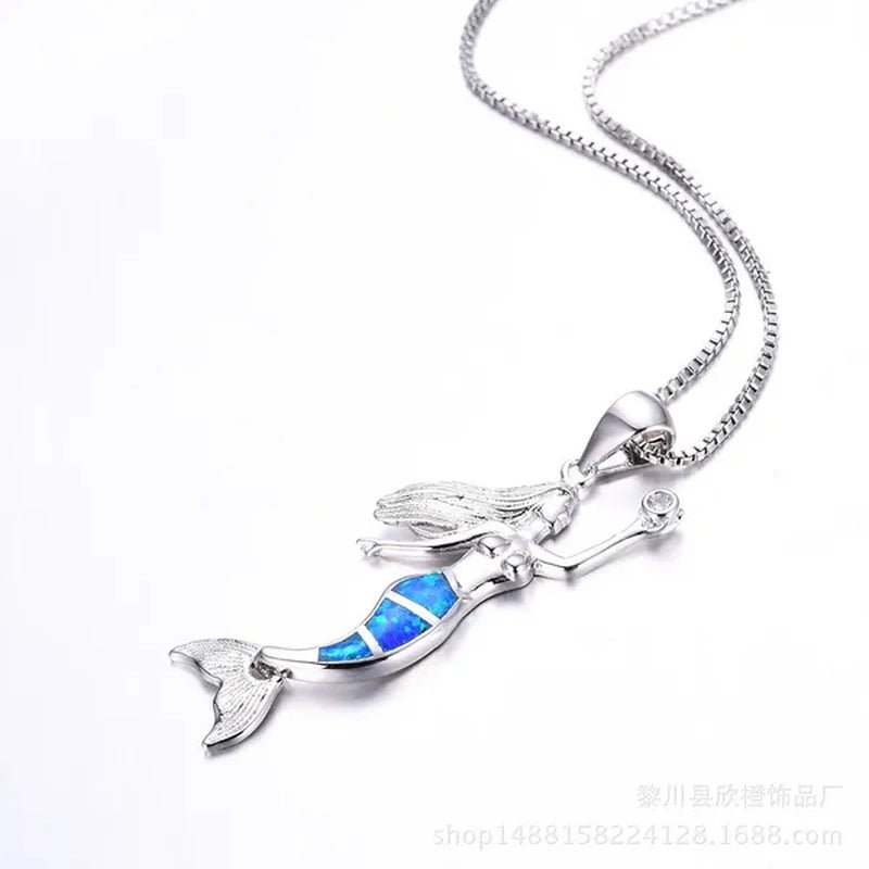 Heat! New Fashion Mermaid Fire Opal 925 Silver Pendant Necklace Bridal Personality Glamour Wedding Jewelry 5 colors - WORLD TIME VISITS