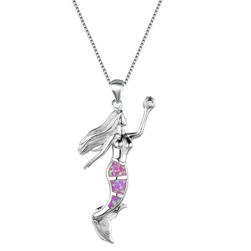 Heat! New Fashion Mermaid Fire Opal 925 Silver Pendant Necklace Bridal Personality Glamour Wedding Jewelry 5 colors - WORLD TIME VISITS