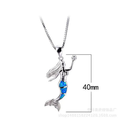 Heat! New Fashion Mermaid Fire Opal 925 Silver Pendant Necklace Bridal Personality Glamour Wedding Jewelry 5 colors - WORLD TIME VISITS