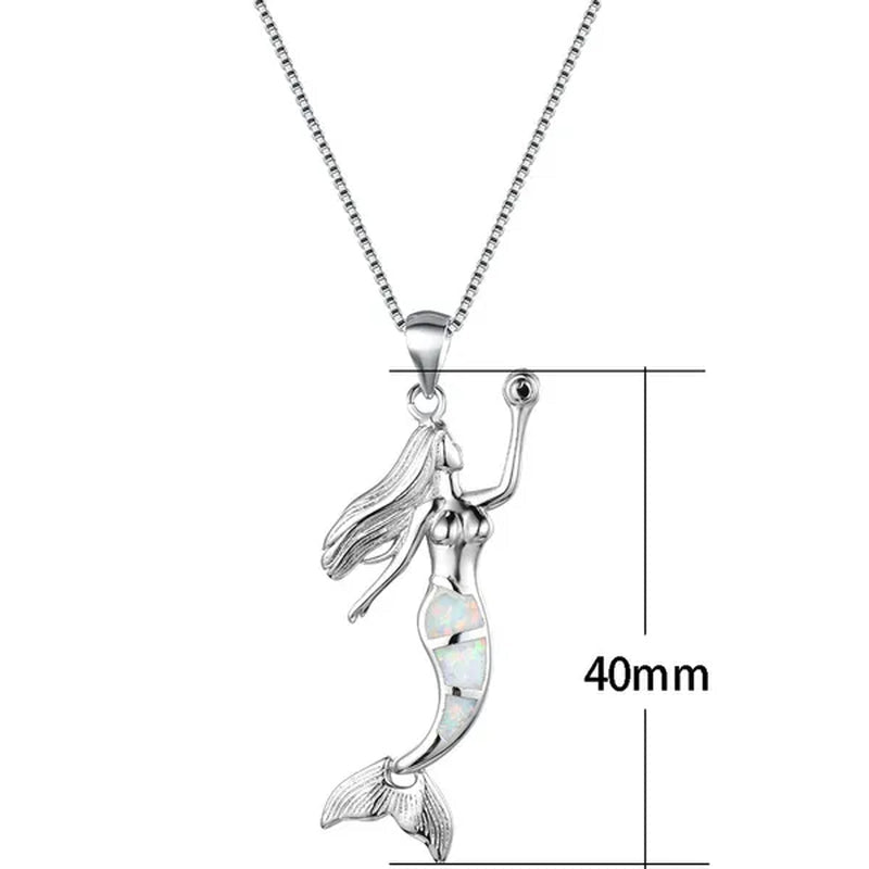Heat! New Fashion Mermaid Fire Opal 925 Silver Pendant Necklace Bridal Personality Glamour Wedding Jewelry 5 colors - WORLD TIME VISITS