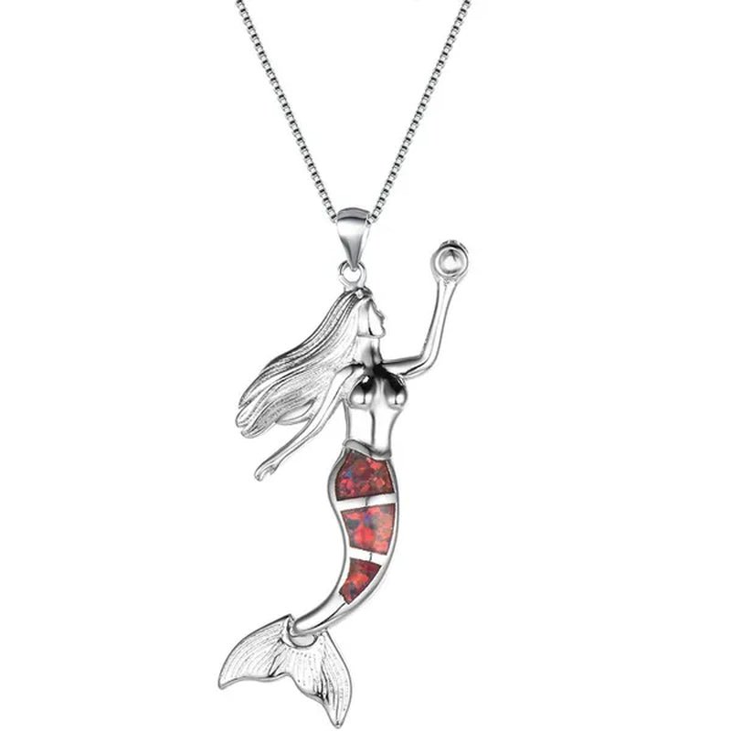 Heat! New Fashion Mermaid Fire Opal 925 Silver Pendant Necklace Bridal Personality Glamour Wedding Jewelry 5 colors - WORLD TIME VISITS