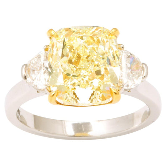 GIA Certified 5 Carat Fancy Light Yellow Cushion Cut Diamond Ring