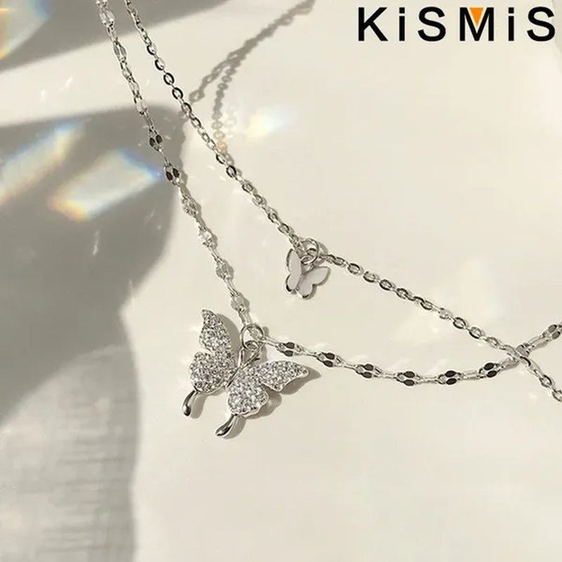 KISMIS 1 Pc/2 Pcs Exquisite and Creative Women's Diamond Necklace Butterfly Double Layer Necklace Shiny Diamond Ladies Clavicle Chain Elegant Charm Wedding Pendant Jewelry - WORLD TIME VISITS