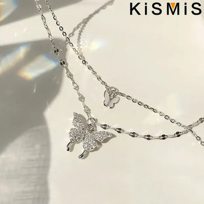 KISMIS 1 Pc/2 Pcs Exquisite and Creative Women's Diamond Necklace Butterfly Double Layer Necklace Shiny Diamond Ladies Clavicle Chain Elegant Charm Wedding Pendant Jewelry - WORLD TIME VISITS