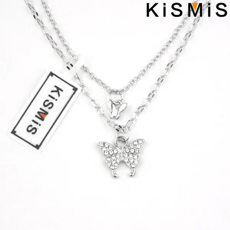 KISMIS 1 Pc/2 Pcs Exquisite and Creative Women's Diamond Necklace Butterfly Double Layer Necklace Shiny Diamond Ladies Clavicle Chain Elegant Charm Wedding Pendant Jewelry - WORLD TIME VISITS