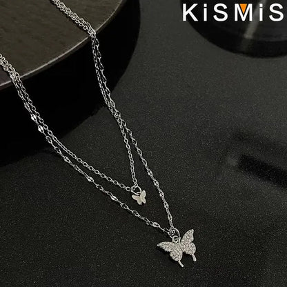 KISMIS 1 Pc/2 Pcs Exquisite and Creative Women's Diamond Necklace Butterfly Double Layer Necklace Shiny Diamond Ladies Clavicle Chain Elegant Charm Wedding Pendant Jewelry - WORLD TIME VISITS