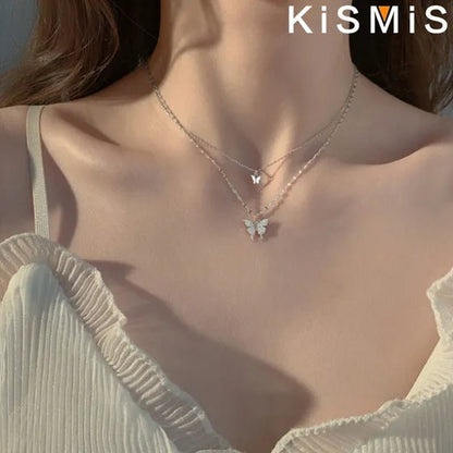 KISMIS 1 Pc/2 Pcs Exquisite and Creative Women's Diamond Necklace Butterfly Double Layer Necklace Shiny Diamond Ladies Clavicle Chain Elegant Charm Wedding Pendant Jewelry - WORLD TIME VISITS