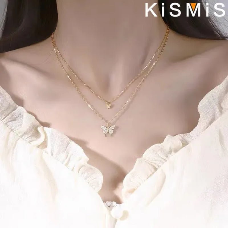 KISMIS 1 Pc/2 Pcs Exquisite and Creative Women's Diamond Necklace Butterfly Double Layer Necklace Shiny Diamond Ladies Clavicle Chain Elegant Charm Wedding Pendant Jewelry - WORLD TIME VISITS