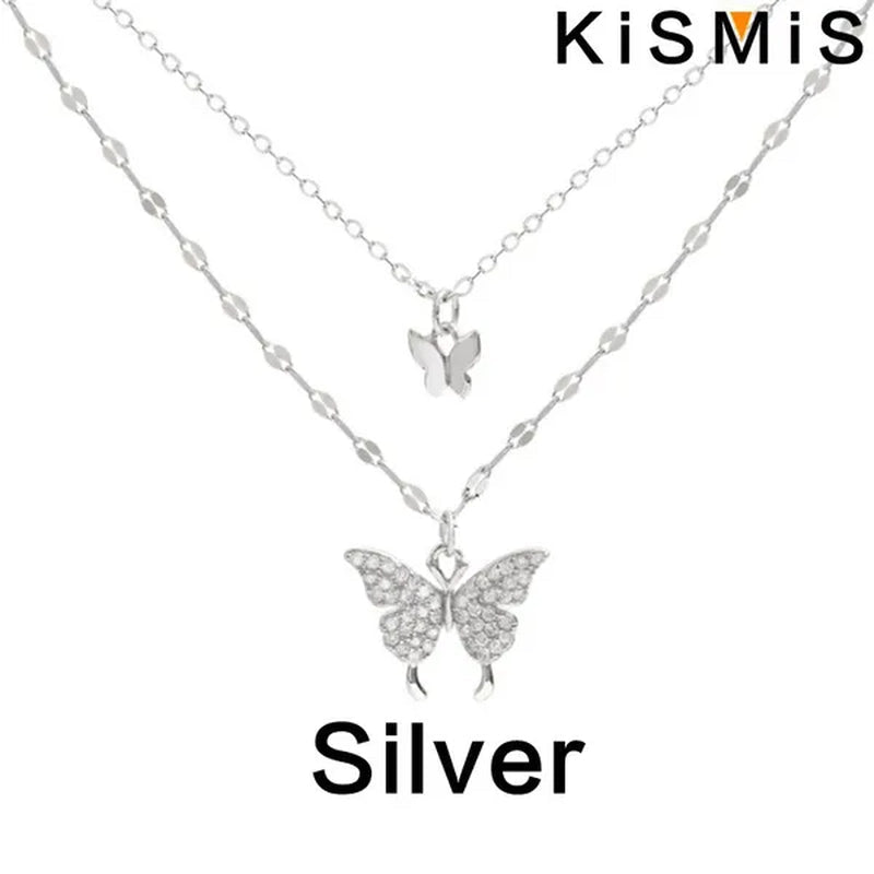 KISMIS 1 Pc/2 Pcs Exquisite and Creative Women's Diamond Necklace Butterfly Double Layer Necklace Shiny Diamond Ladies Clavicle Chain Elegant Charm Wedding Pendant Jewelry - WORLD TIME VISITS