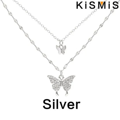 KISMIS 1 Pc/2 Pcs Exquisite and Creative Women's Diamond Necklace Butterfly Double Layer Necklace Shiny Diamond Ladies Clavicle Chain Elegant Charm Wedding Pendant Jewelry - WORLD TIME VISITS