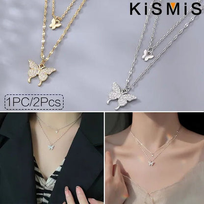 KISMIS 1 Pc/2 Pcs Exquisite and Creative Women's Diamond Necklace Butterfly Double Layer Necklace Shiny Diamond Ladies Clavicle Chain Elegant Charm Wedding Pendant Jewelry - WORLD TIME VISITS