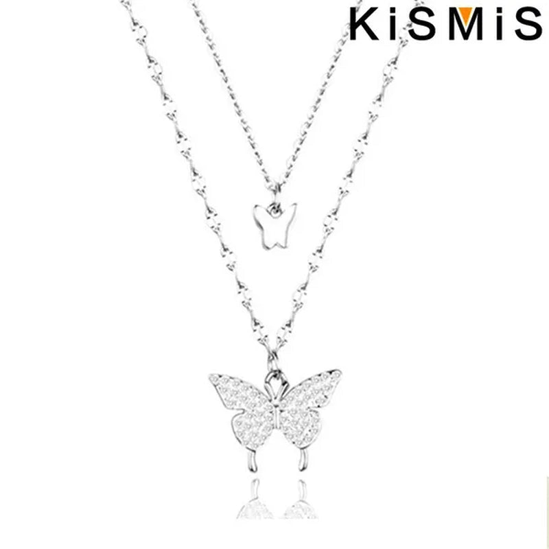 KISMIS 1 Pc/2 Pcs Exquisite and Creative Women's Diamond Necklace Butterfly Double Layer Necklace Shiny Diamond Ladies Clavicle Chain Elegant Charm Wedding Pendant Jewelry - WORLD TIME VISITS
