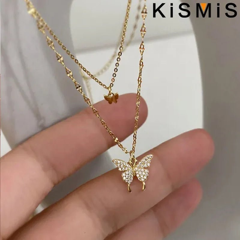 KISMIS 1 Pc/2 Pcs Exquisite and Creative Women's Diamond Necklace Butterfly Double Layer Necklace Shiny Diamond Ladies Clavicle Chain Elegant Charm Wedding Pendant Jewelry - WORLD TIME VISITS