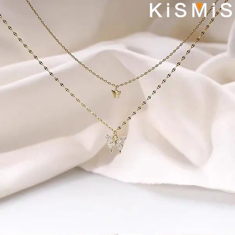 KISMIS 1 Pc/2 Pcs Exquisite and Creative Women's Diamond Necklace Butterfly Double Layer Necklace Shiny Diamond Ladies Clavicle Chain Elegant Charm Wedding Pendant Jewelry - WORLD TIME VISITS