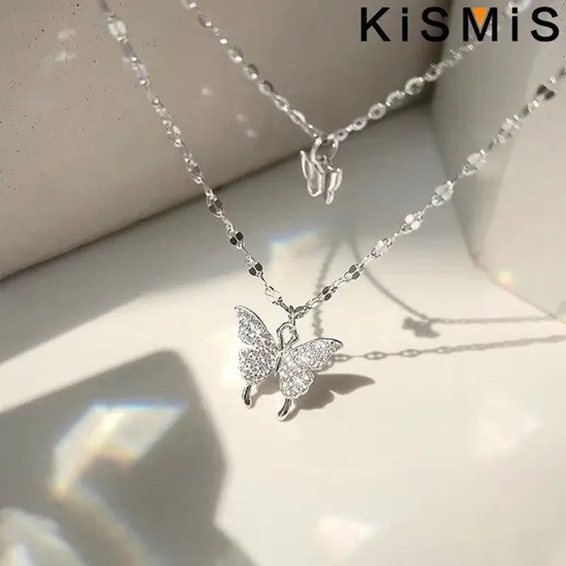 KISMIS 1 Pc/2 Pcs Exquisite and Creative Women's Diamond Necklace Butterfly Double Layer Necklace Shiny Diamond Ladies Clavicle Chain Elegant Charm Wedding Pendant Jewelry - WORLD TIME VISITS