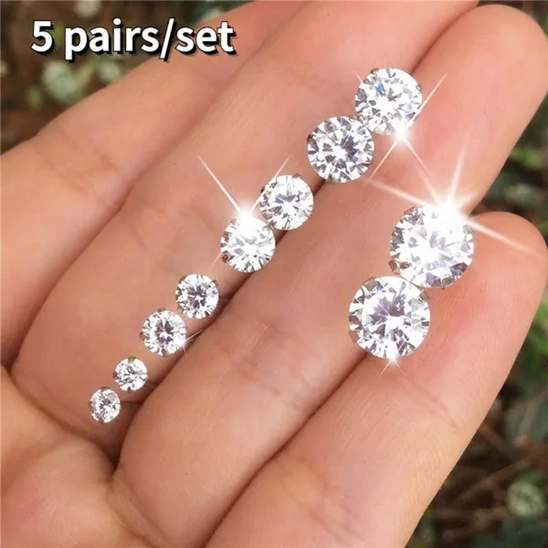 Ladies FashionSilver Stud Earrings, Ladies Earrings, Ladies Wedding Engagement Valentine's Day Jewelry Gifts (5 pairs/set) - WORLD TIME VISITS