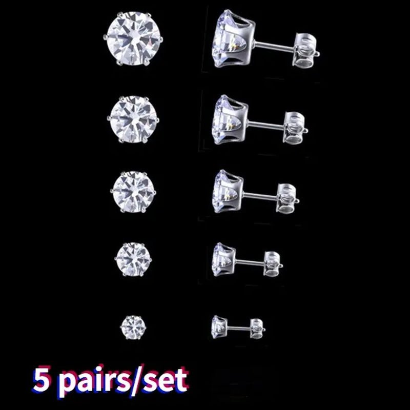 Ladies FashionSilver Stud Earrings, Ladies Earrings, Ladies Wedding Engagement Valentine's Day Jewelry Gifts (5 pairs/set) - WORLD TIME VISITS