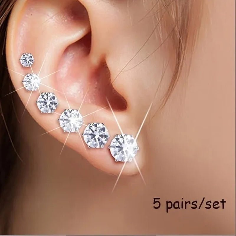 Ladies FashionSilver Stud Earrings, Ladies Earrings, Ladies Wedding Engagement Valentine's Day Jewelry Gifts (5 pairs/set) - WORLD TIME VISITS