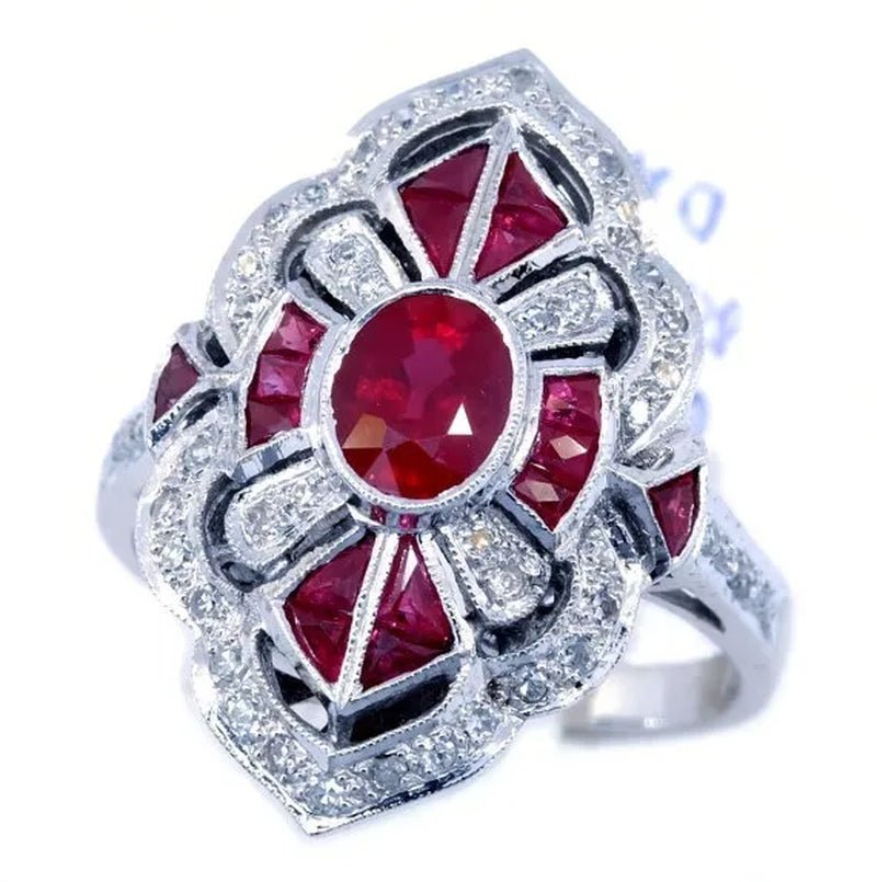 Large 925 Sterling Silver Natural Gemstone Ruby & White Sapphire Diamond Ring Wedding Anniversary Brand Women Jewelry - WORLD TIME VISITS