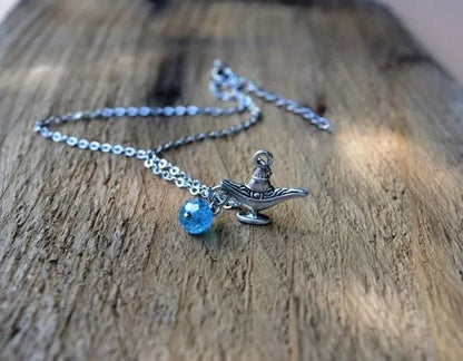 Magic Lamp Necklace, Necklace, Lamp, Costume,Silver Necklace, Fairytale Necklace with Birthstone Bead - WORLD TIME VISITS