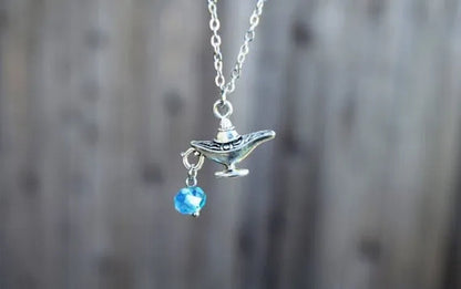 Magic Lamp Necklace, Necklace, Lamp, Costume,Silver Necklace, Fairytale Necklace with Birthstone Bead - WORLD TIME VISITS