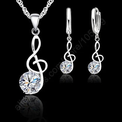 Musical Notes Jewelry Sets Real 925 Sterling Silver Swiss Cubic Zirconia Symbols Shape Pendant Necklaces Earrings Sets Gift - WORLD TIME VISITS