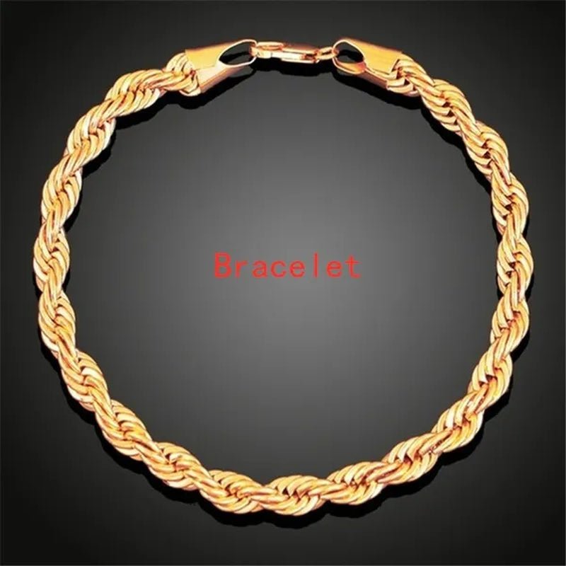 (Necklace + Bracelet) New Luxury Men and Women 18 - karat Gold European Classic Silver Twist Necklace Bride Engagement Ornaments - WORLD TIME VISITS