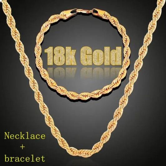 (Necklace + Bracelet) New Luxury Men and Women 18 - karat Gold European Classic Silver Twist Necklace Bride Engagement Ornaments - WORLD TIME VISITS