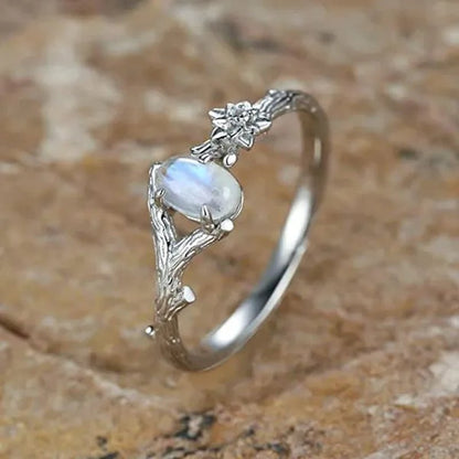 New Antique Silver Natural Moonstone Ring Branch Ring Anniversary Birthday Christmas Gift Jewelry Ladies Girls - WORLD TIME VISITS