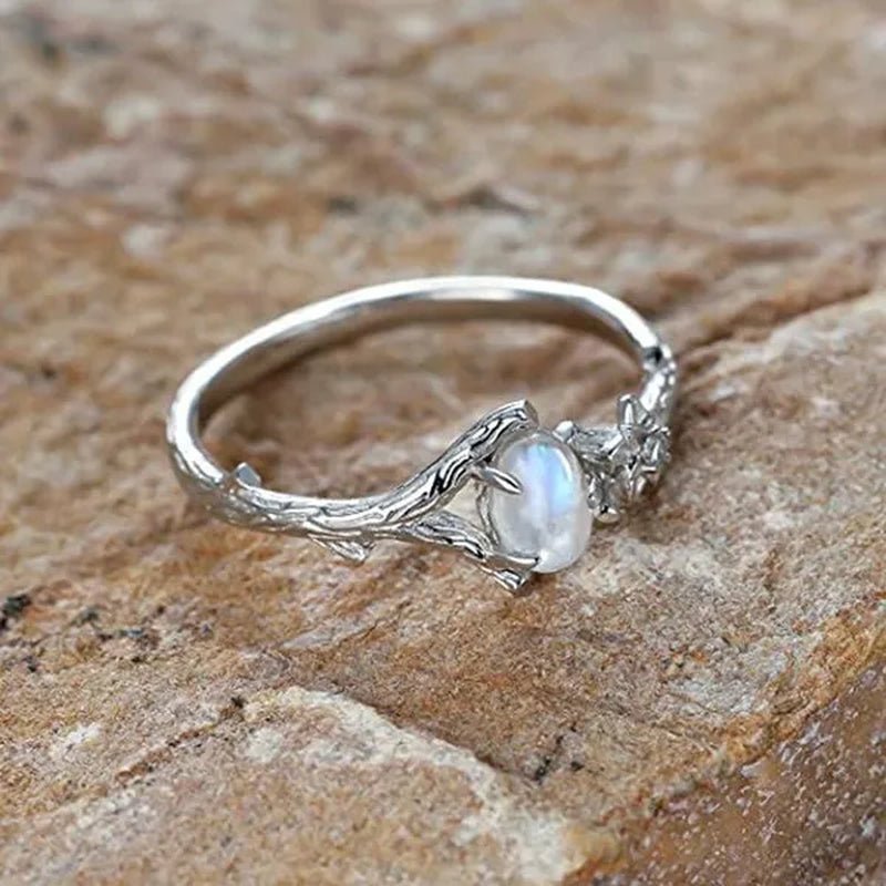 New Antique Silver Natural Moonstone Ring Branch Ring Anniversary Birthday Christmas Gift Jewelry Ladies Girls - WORLD TIME VISITS