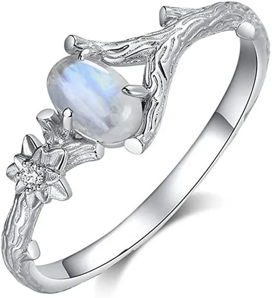 New Antique Silver Natural Moonstone Ring Branch Ring Anniversary Birthday Christmas Gift Jewelry Ladies Girls - WORLD TIME VISITS