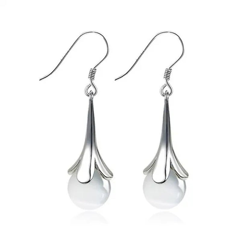 NEW ARRIVAL 925 Sterling Silver Long Earring Simple Round Moonstone Dashing Woman Huggie Stud Christmas Birthday Gift Diamond Jewelry Bridal Lady Earrings - WORLD TIME VISITS