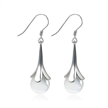 NEW ARRIVAL 925 Sterling Silver Long Earring Simple Round Moonstone Dashing Woman Huggie Stud Christmas Birthday Gift Diamond Jewelry Bridal Lady Earrings - WORLD TIME VISITS