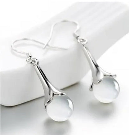 NEW ARRIVAL 925 Sterling Silver Long Earring Simple Round Moonstone Dashing Woman Huggie Stud Christmas Birthday Gift Diamond Jewelry Bridal Lady Earrings - WORLD TIME VISITS