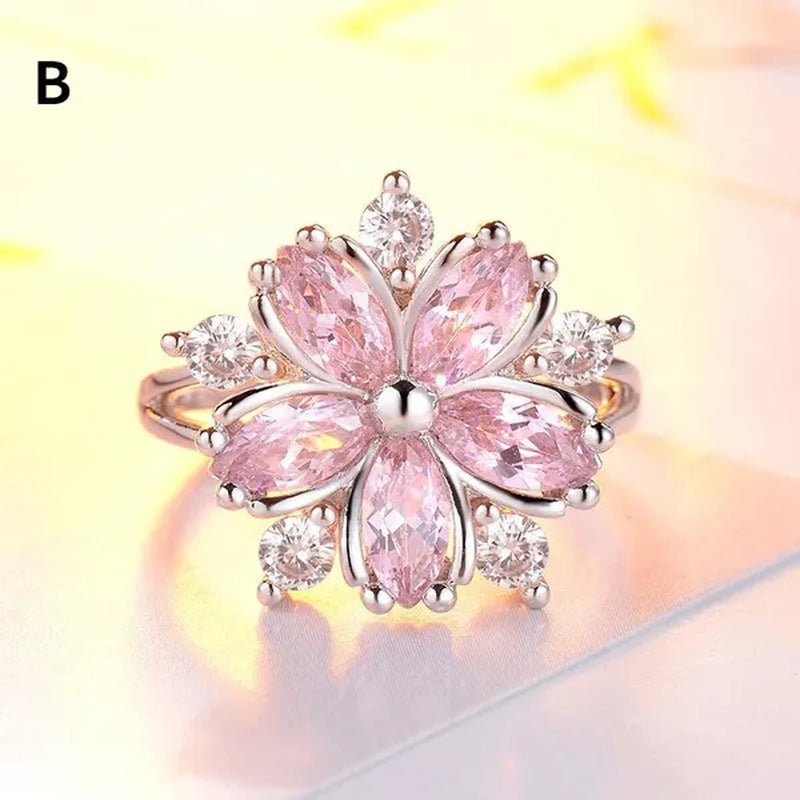 New Elegant Fashion Cherry Blossom Princess Engagement Ring Bridal Romantic Cherry Blossom Zircon Women's Ring Party Gift Pink Ring - WORLD TIME VISITS