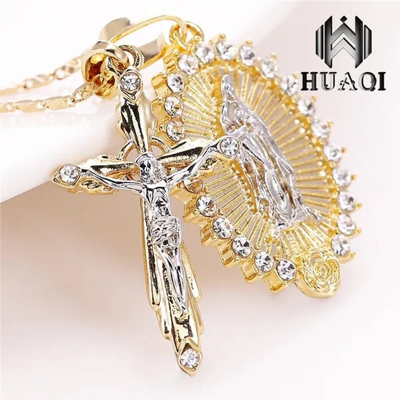 New Fashion18k Gold Plated Setting CZ Diamond Virgin Mary Necklace + Cross Necklace INRI Crucifix Jesus Piece Pendant Women Jewelry Christmas Gifts - WORLD TIME VISITS