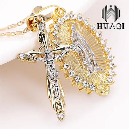 New Fashion18k Gold Plated Setting CZ Diamond Virgin Mary Necklace + Cross Necklace INRI Crucifix Jesus Piece Pendant Women Jewelry Christmas Gifts - WORLD TIME VISITS